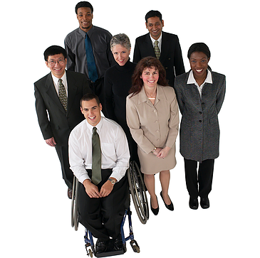 A diverse group of office workers in work attire, one is seated in a wheelchair. 